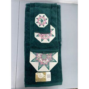 Vintage Royal Terry 3 Pc Bath Towel Set Ensemble Quilted Star Embroidered Green